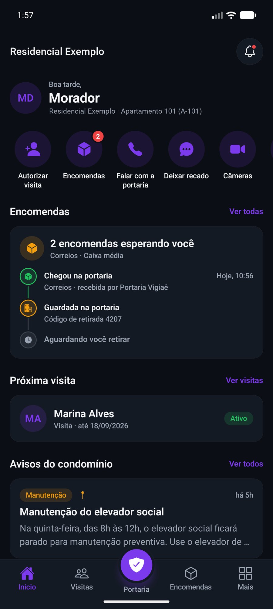 Tela inicial do app do morador com encomendas, visitas e avisos