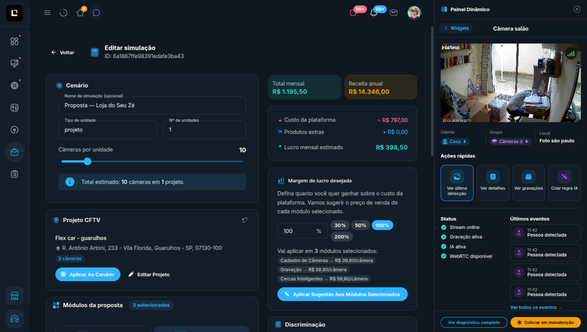 Simulador de propostas da Vigiaê, onde o parceiro monta o preço para o cliente dele